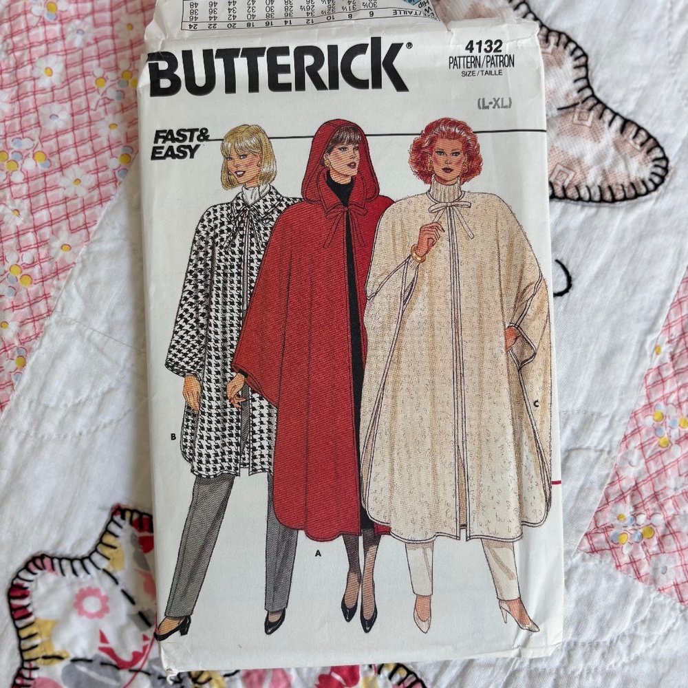 1986 Butterick Misses' Cape Pattern 4132 Size L-XL UNCUT